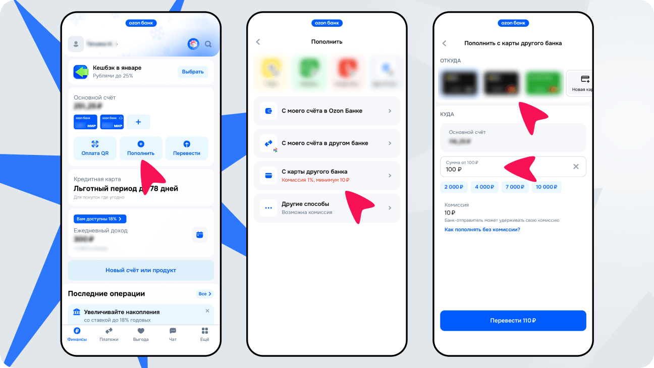 Перевод средств с помощью пополнения счёта в Ozon Банке